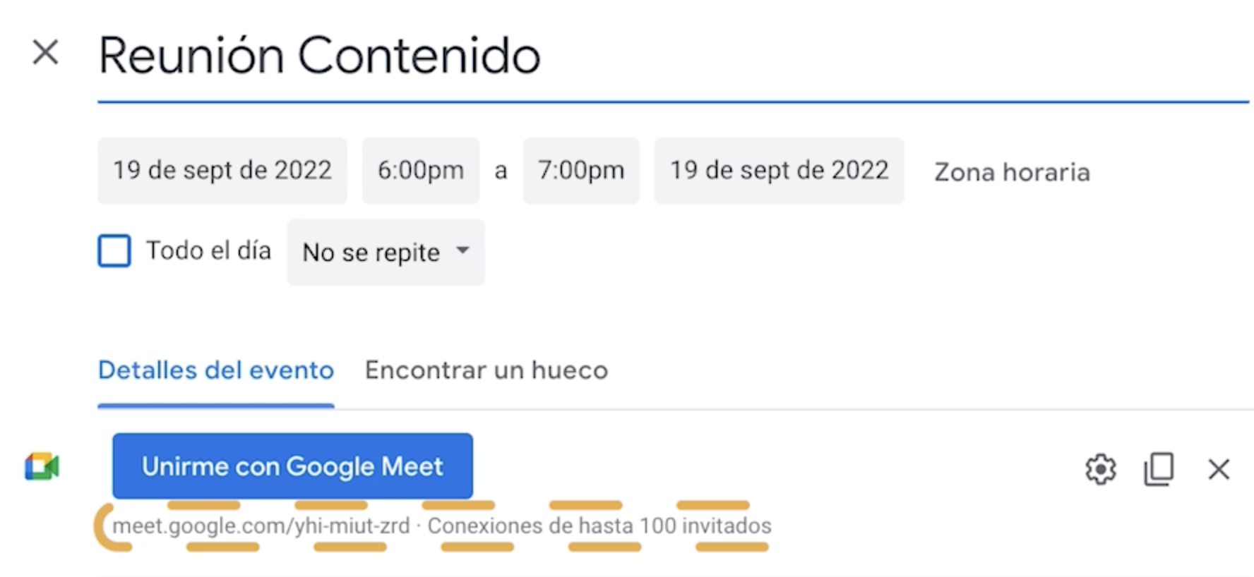 Al hacer clic se abrirá el Calendario de Google. Verás que el evento ya tiene un enlace de Google Meet.